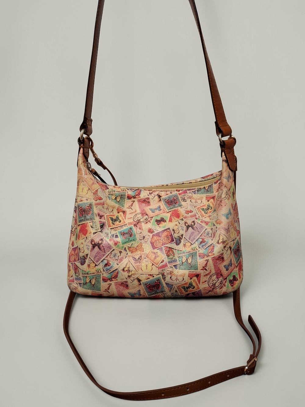 Fossil Butterfly Stamps Multicolor Stamp-Print All Leather Shoulder Bag w/ CB